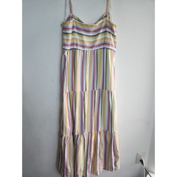 Julia Jordan Beige w/Blue Pink Yellow Strips Tiered Cotton Midi Dress size 16 - Picture 3 of 10